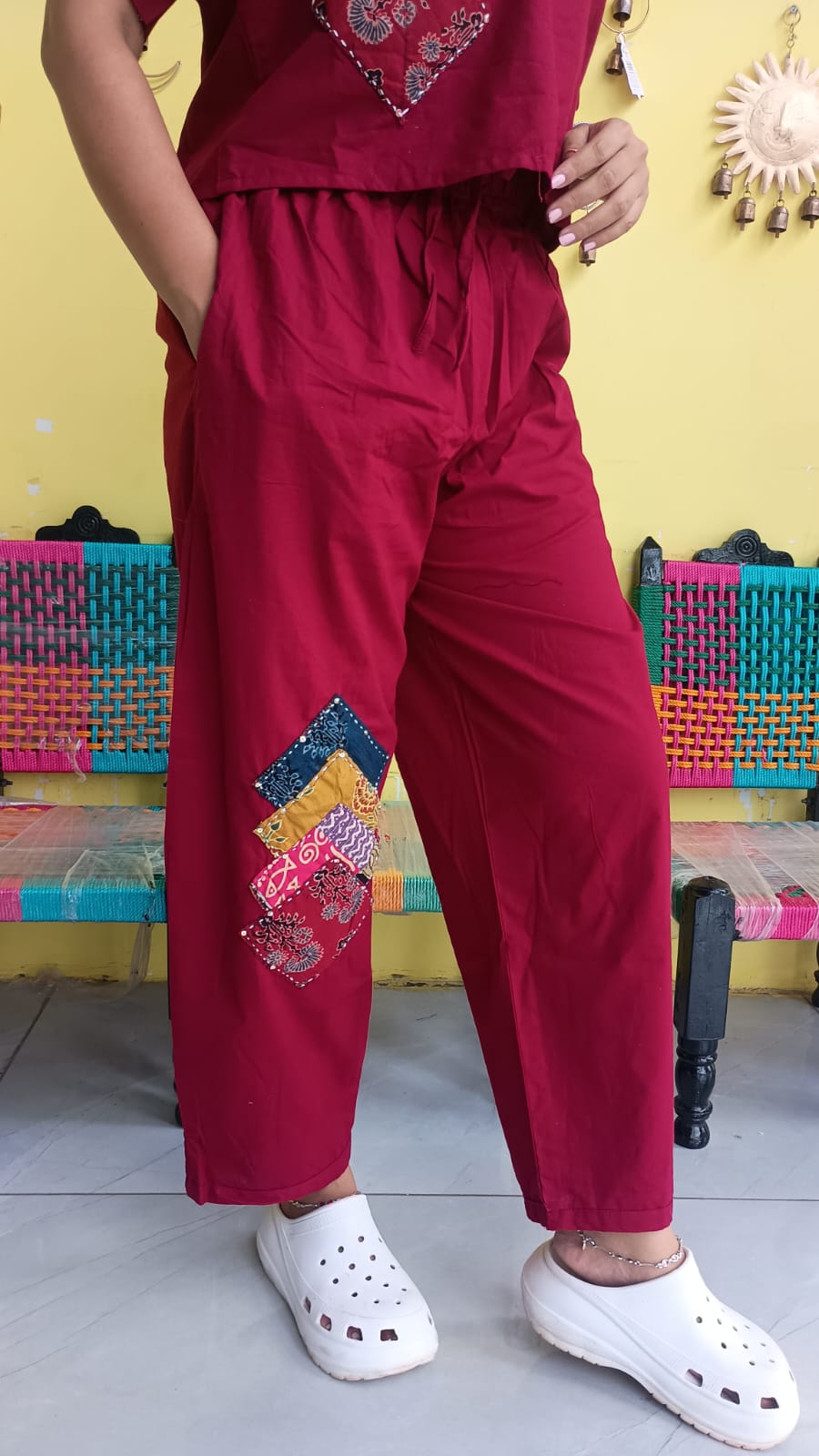 "Sophia"Maroon  Plain cotton crop top pant co-ord set