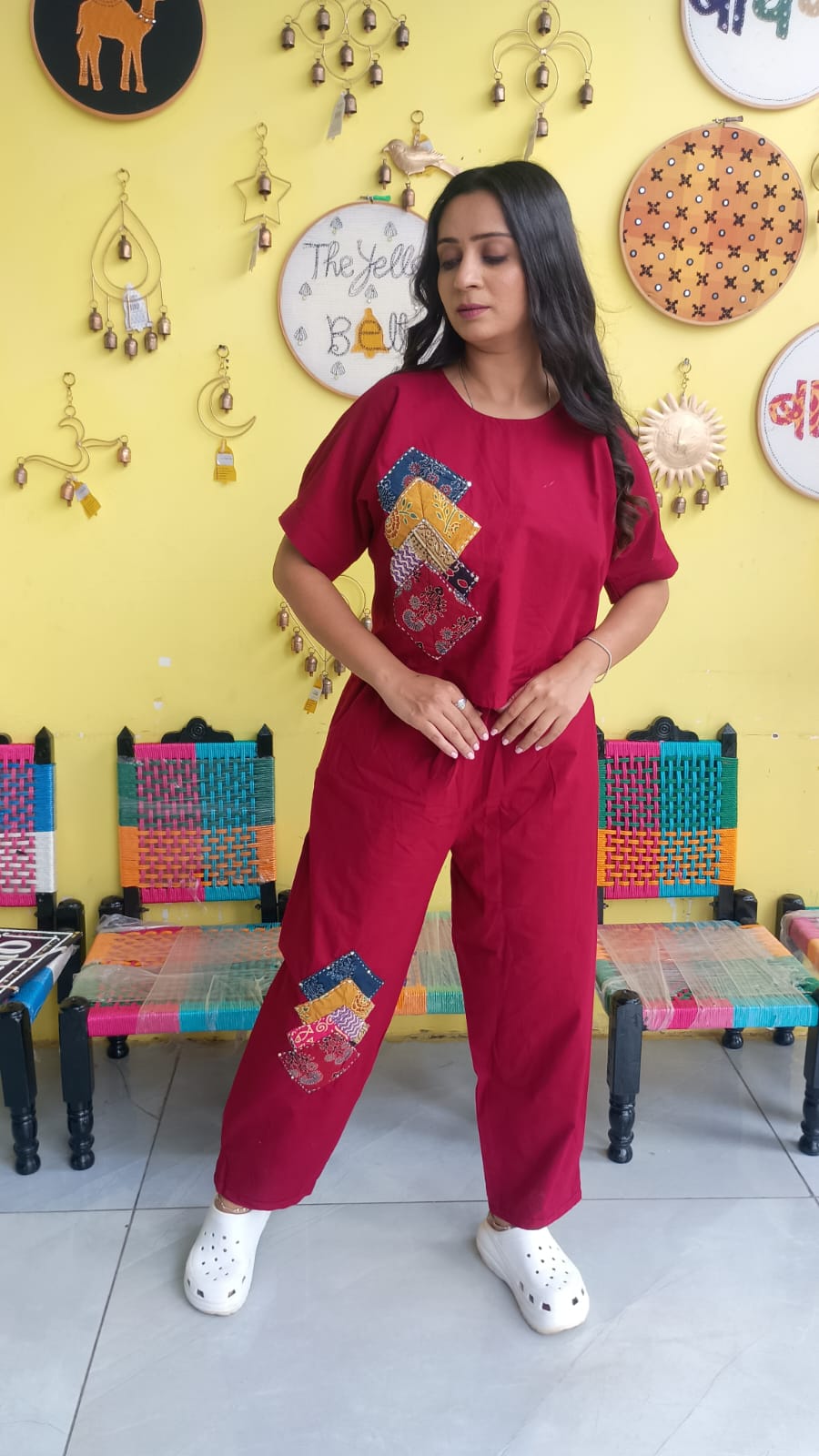 "Sophia"Maroon  Plain cotton crop top pant co-ord set