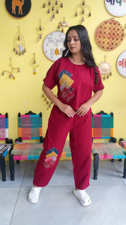 "Sophia"Maroon  Plain cotton crop top pant co-ord set