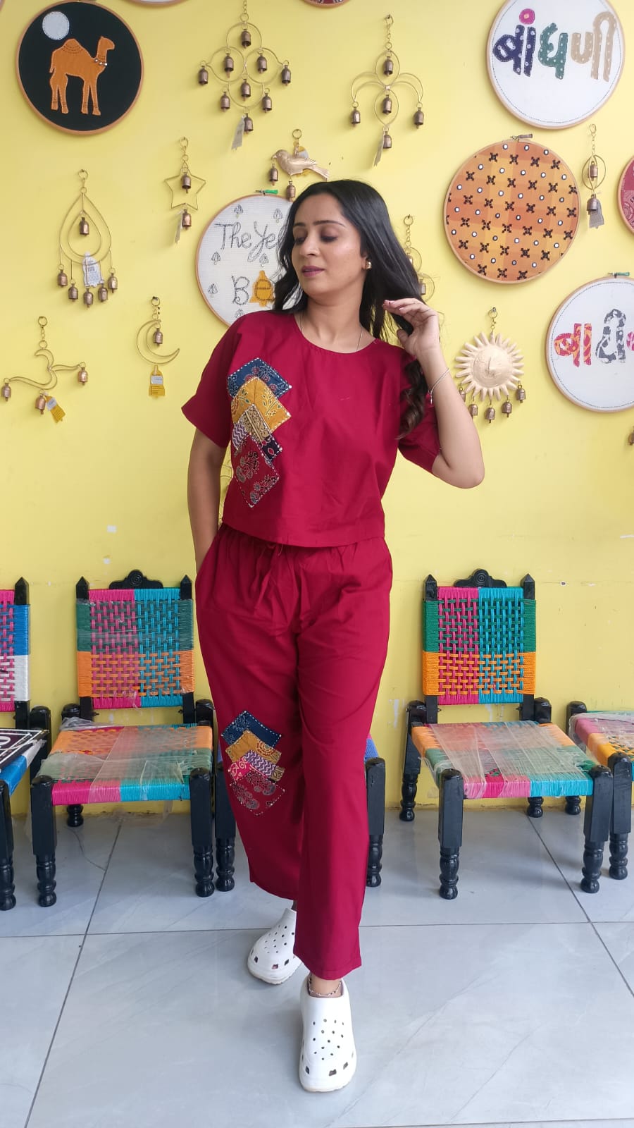 "Sophia"Maroon  Plain cotton crop top pant co-ord set