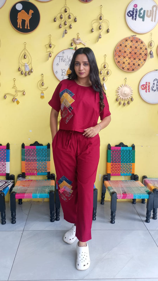 "Sophia"Maroon  Plain cotton crop top pant co-ord set