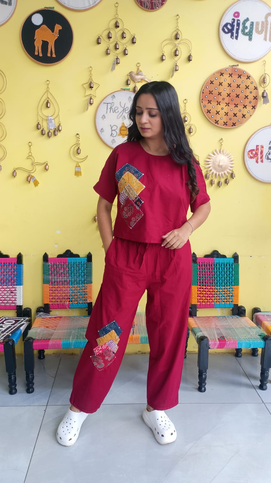 "Sophia"Maroon  Plain cotton crop top pant co-ord set