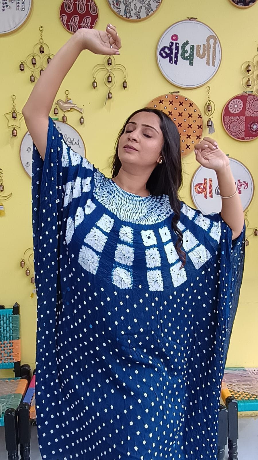 "Noor"Blue Modal Bandhani with sibori print Kaftan
