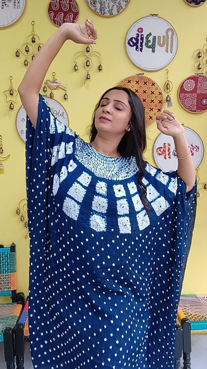 "Noor"Blue Modal Bandhani with sibori print Kaftan