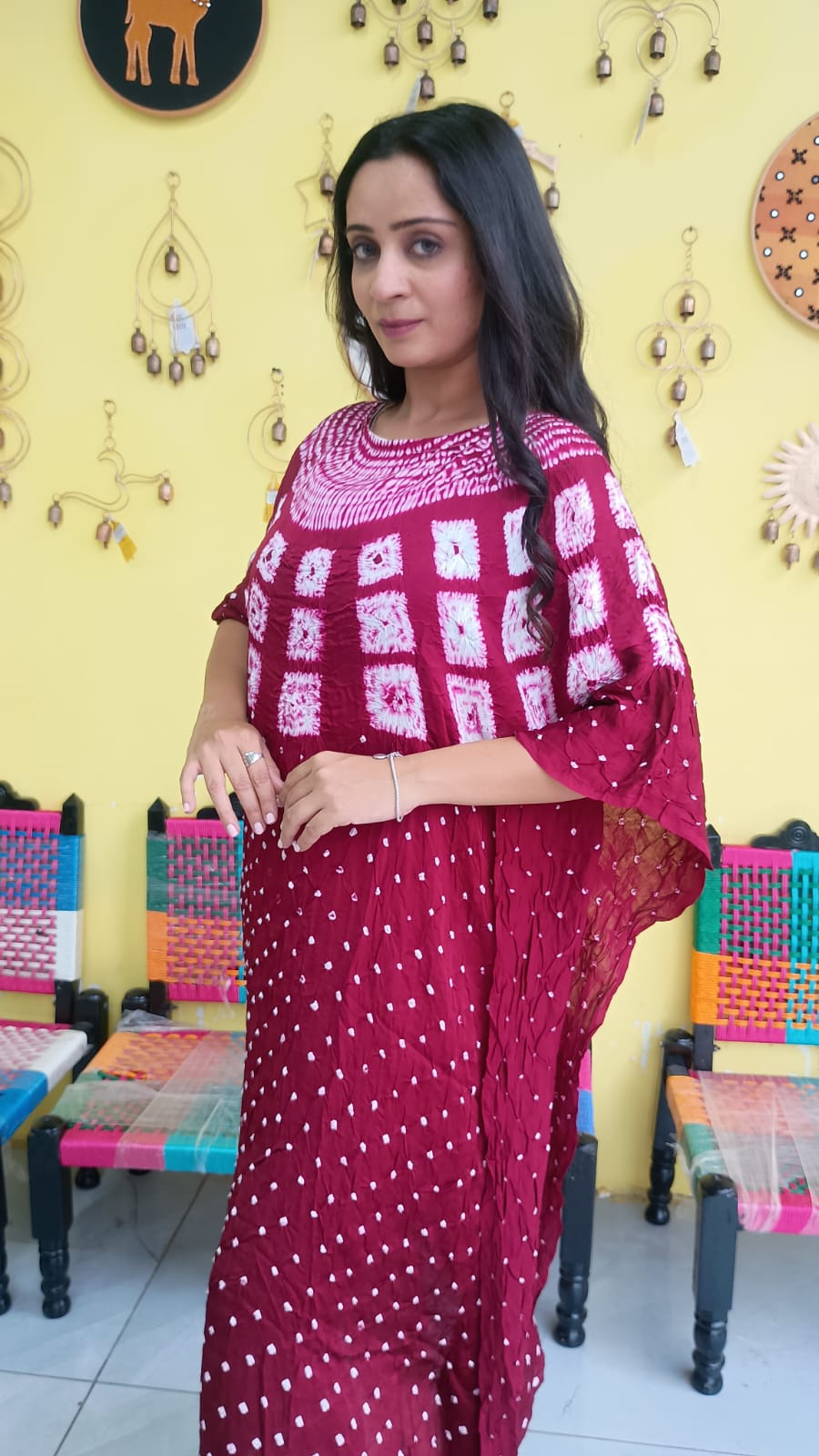 "Noor"Maroon  Modal Bandhani with sibori print Kaftan