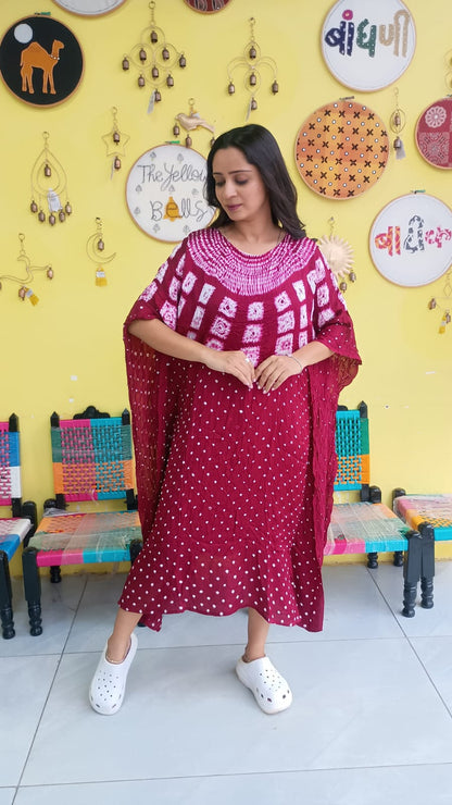 "Noor"Maroon  Modal Bandhani with sibori print Kaftan