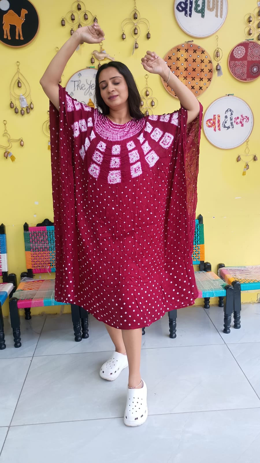 "Noor"Maroon  Modal Bandhani with sibori print Kaftan