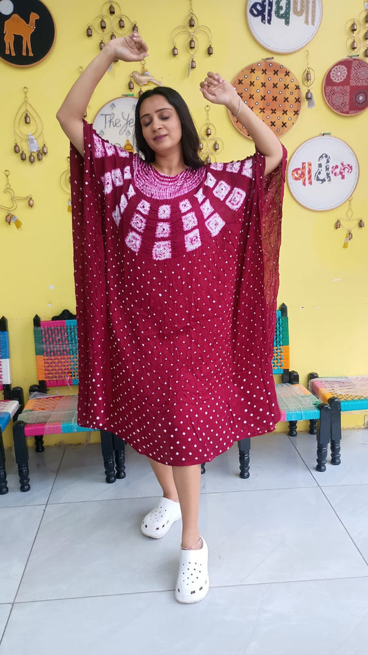 "Noor"Maroon  Modal Bandhani with sibori print Kaftan