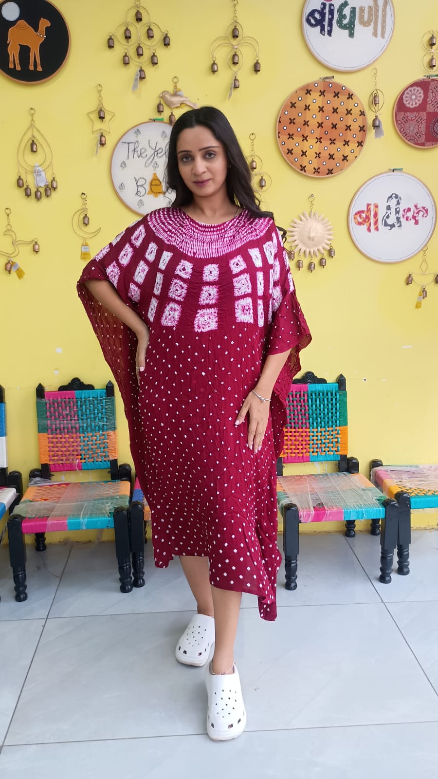 "Noor"Maroon  Modal Bandhani with sibori print Kaftan