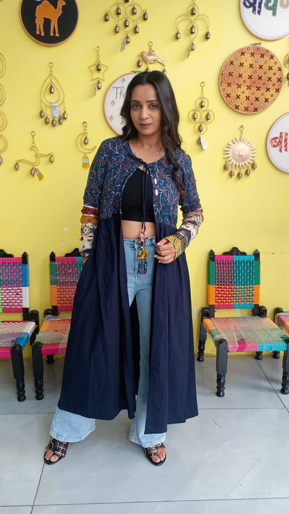"Ishani"Blue natural cotton long mirror work jacket
