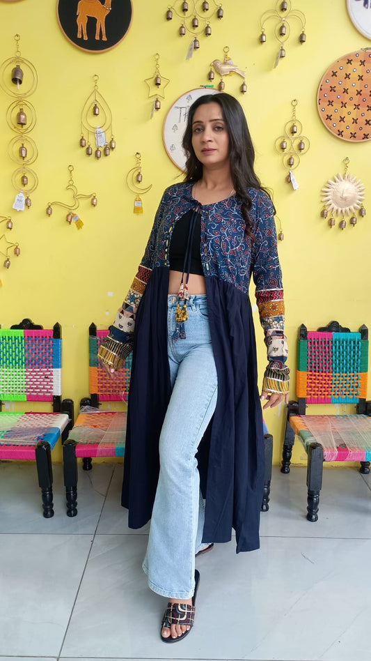 "Ishani"Blue natural cotton long mirror work jacket