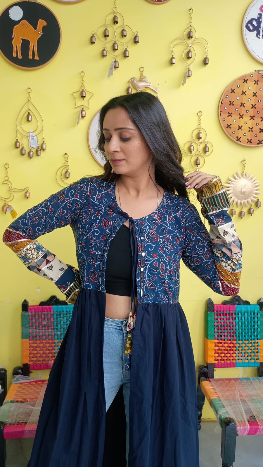 "Ishani"Blue natural cotton long mirror work jacket