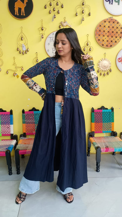 "Ishani"Blue natural cotton long mirror work jacket