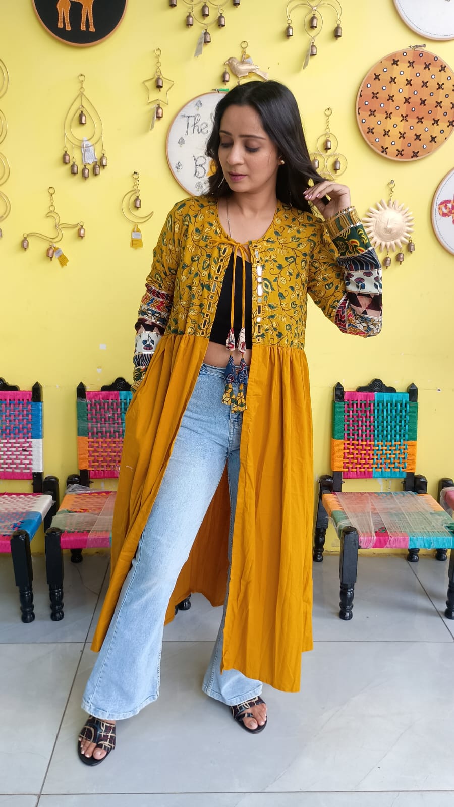 "Ishani" Yellow cotton mirror work long jacket