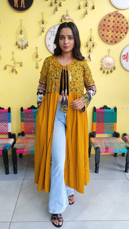 "Ishani" Yellow cotton mirror work long jacket