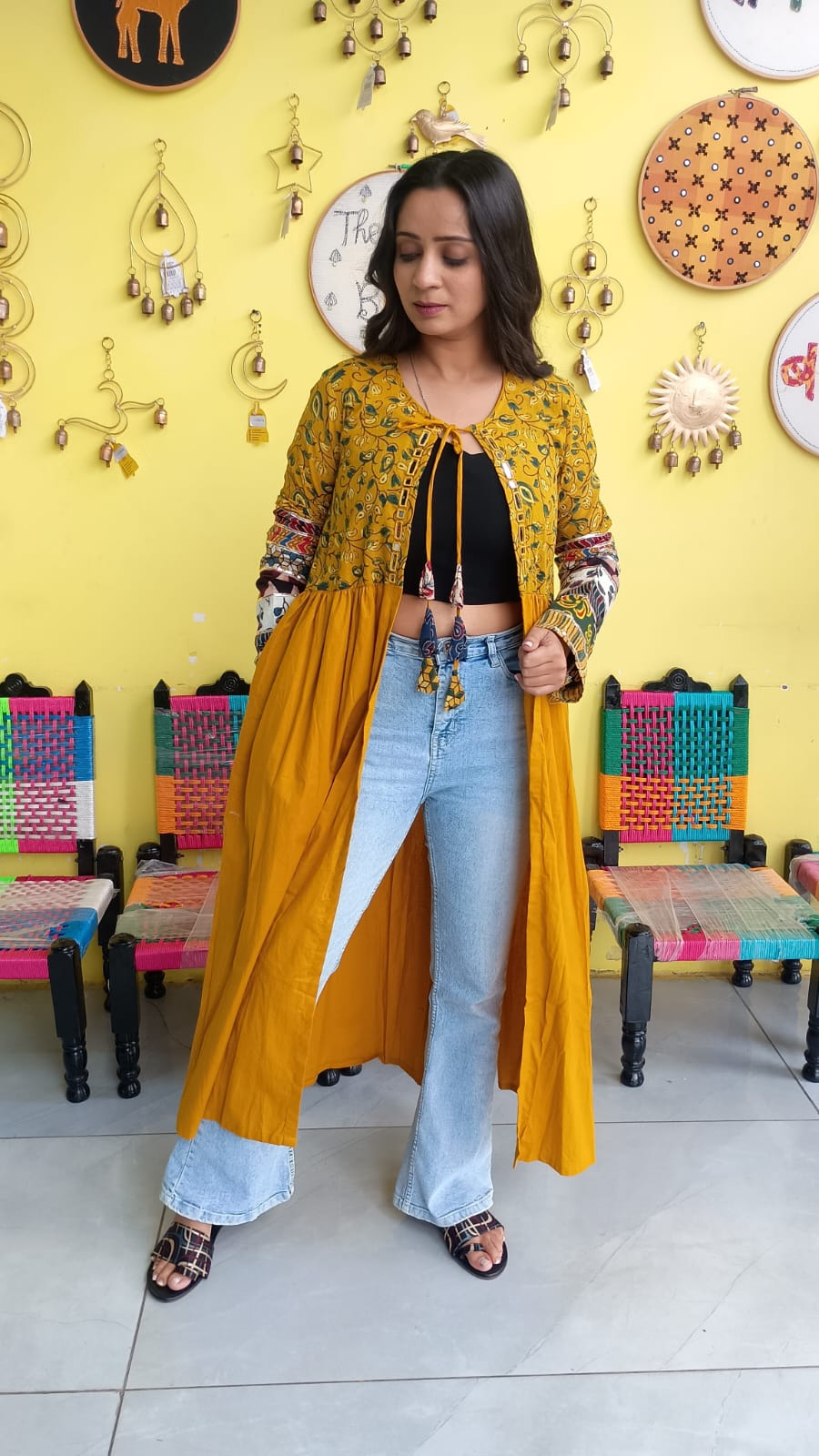 "Ishani" Yellow cotton mirror work long jacket