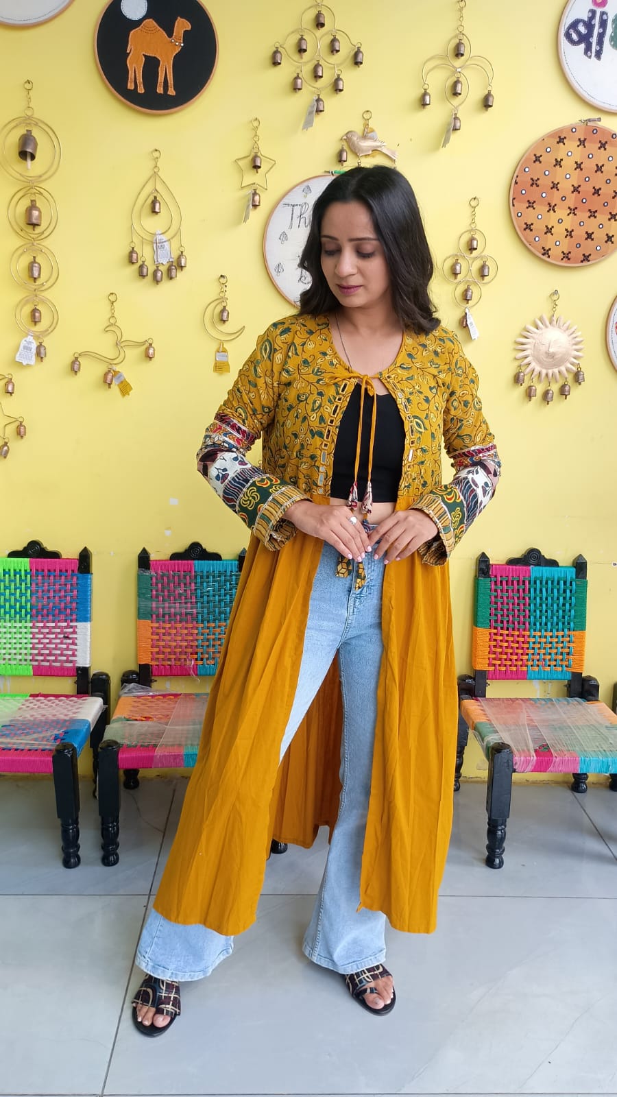 "Ishani" Yellow cotton mirror work long jacket