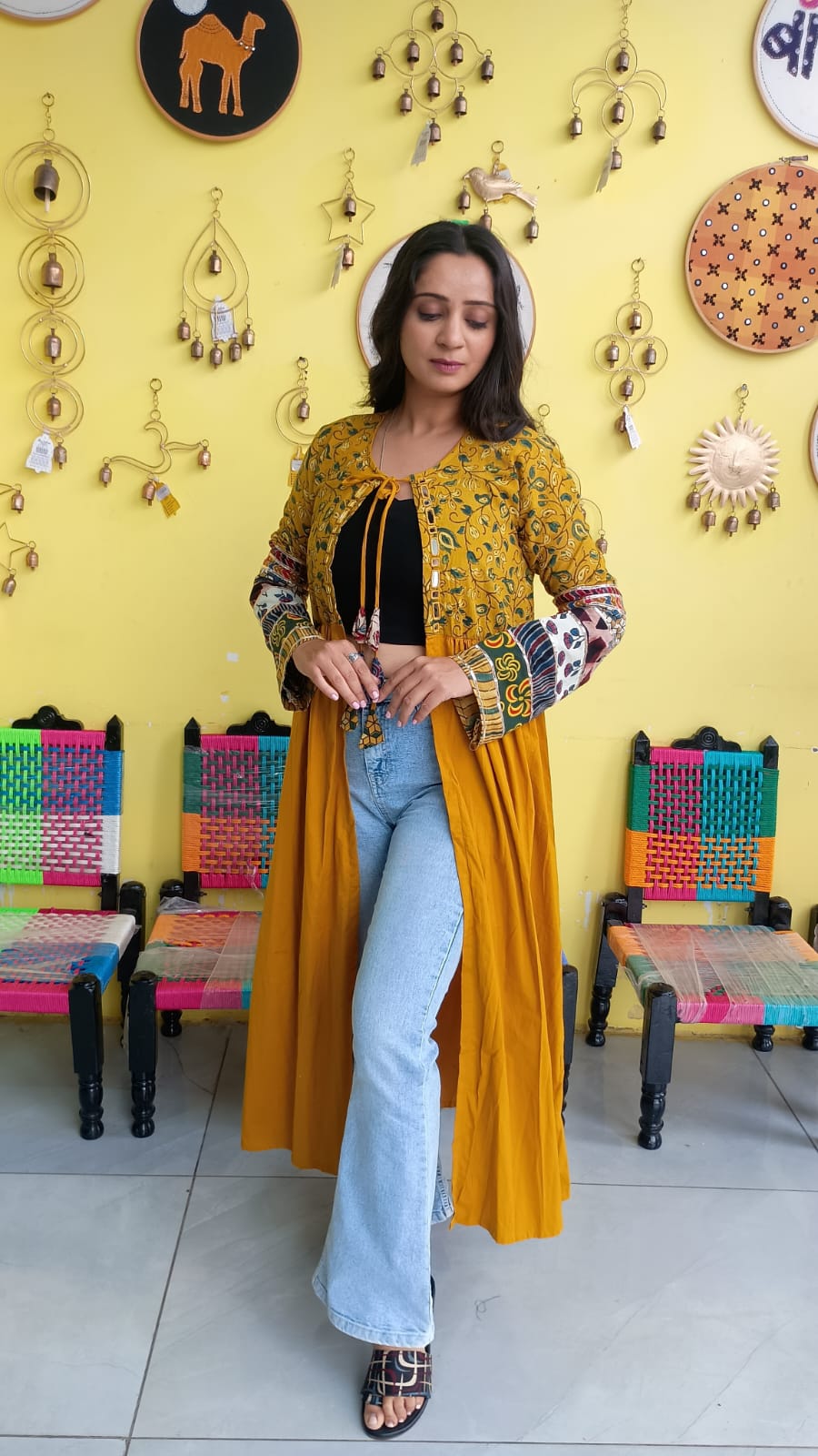 "Ishani" Yellow cotton mirror work long jacket