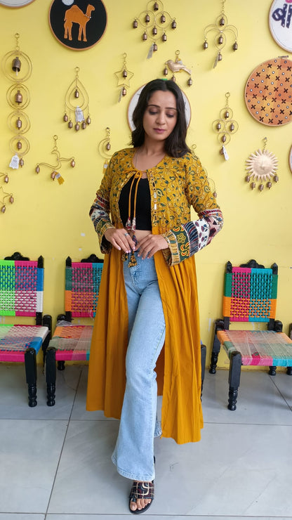 "Ishani" Yellow cotton mirror work long jacket