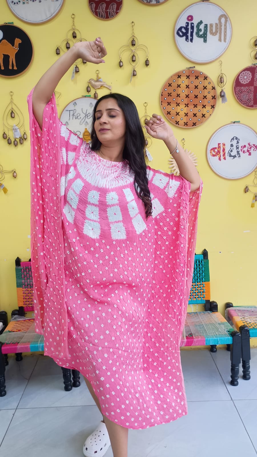 "Noor" Pink Modal Bandhani with sibori print Kaftan