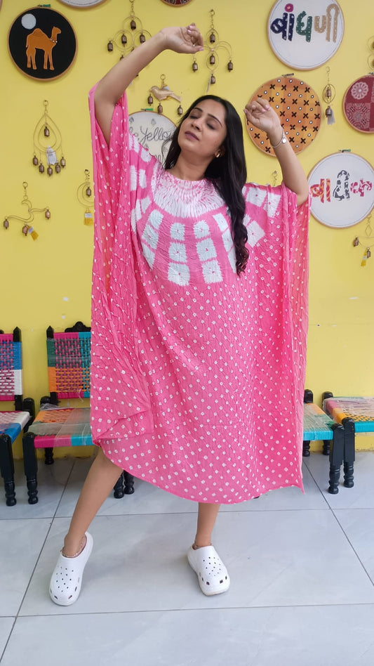 "Noor" Pink Modal Bandhani with sibori print Kaftan