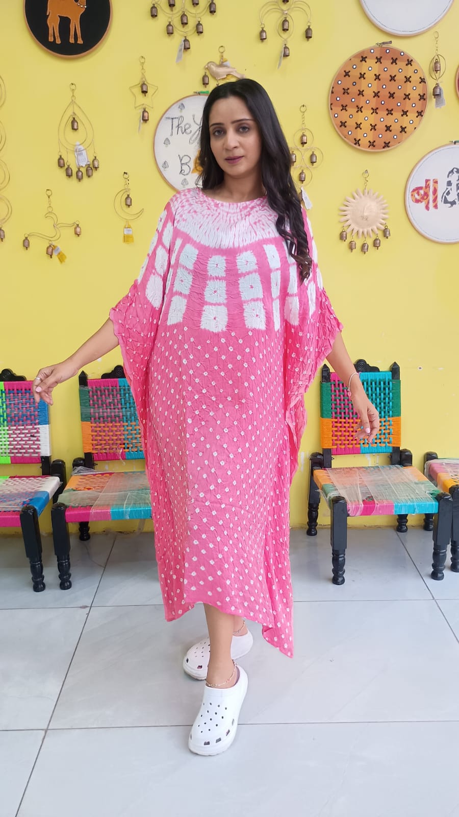 "Noor" Pink Modal Bandhani with sibori print Kaftan