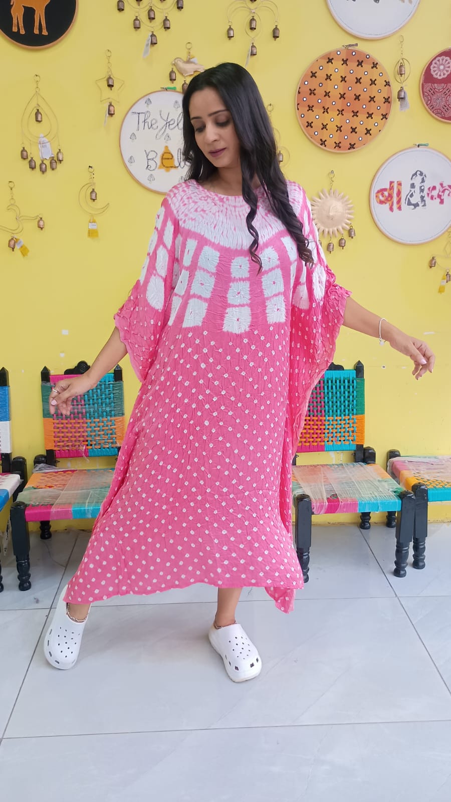 "Noor" Pink Modal Bandhani with sibori print Kaftan