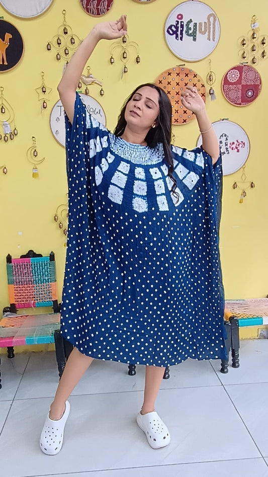 "Noor"Blue Modal Bandhani with sibori print Kaftan