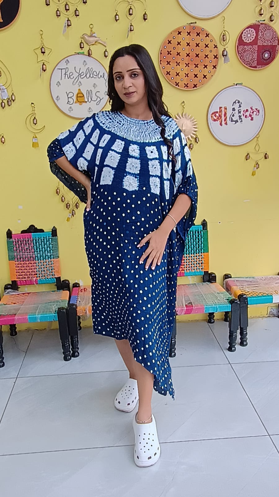 "Noor"Blue Modal Bandhani with sibori print Kaftan