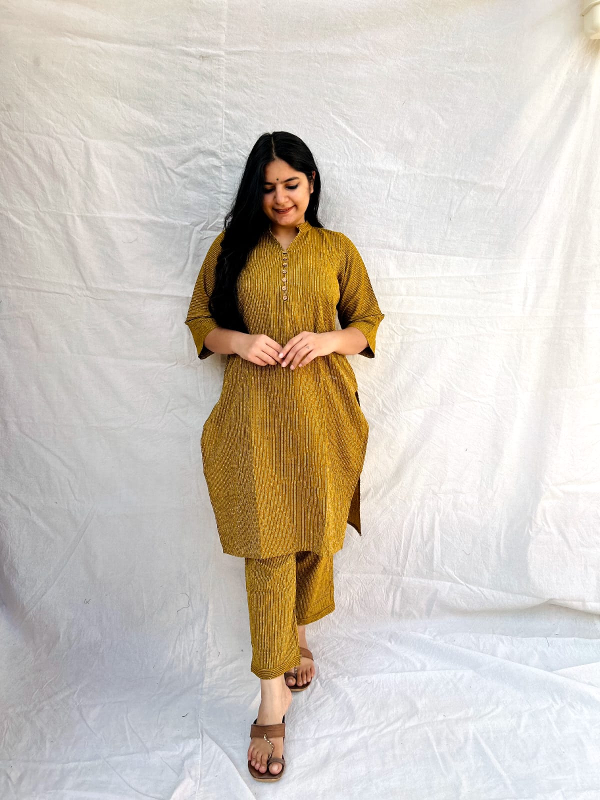 PLAIN MUSTARD KATHA COTTON CO-ORD SET