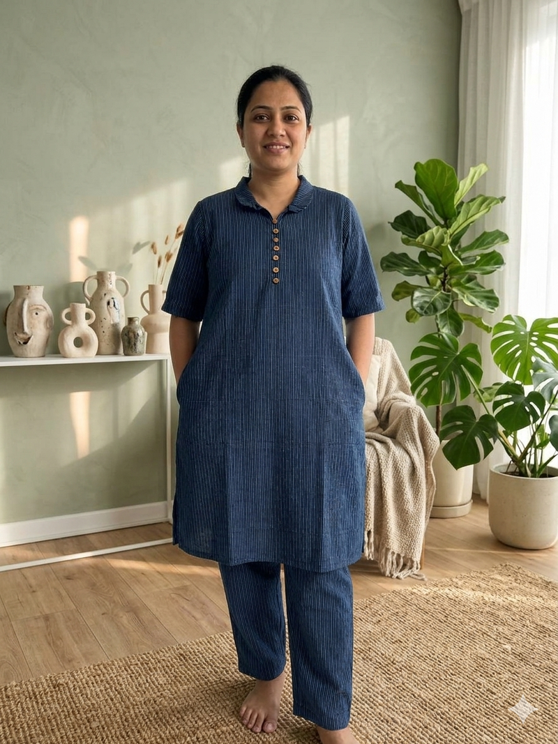 PLAIN KATHA COTTON KURTI PANT SET