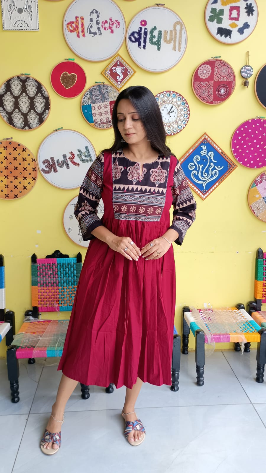 "Pratiti" Maroon Plain cotton natural patch frock style kurti