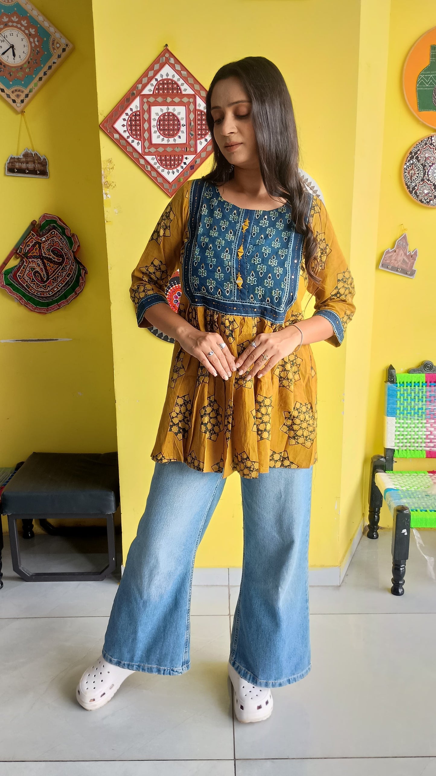 "Anshi" Natural mirror work peplum top