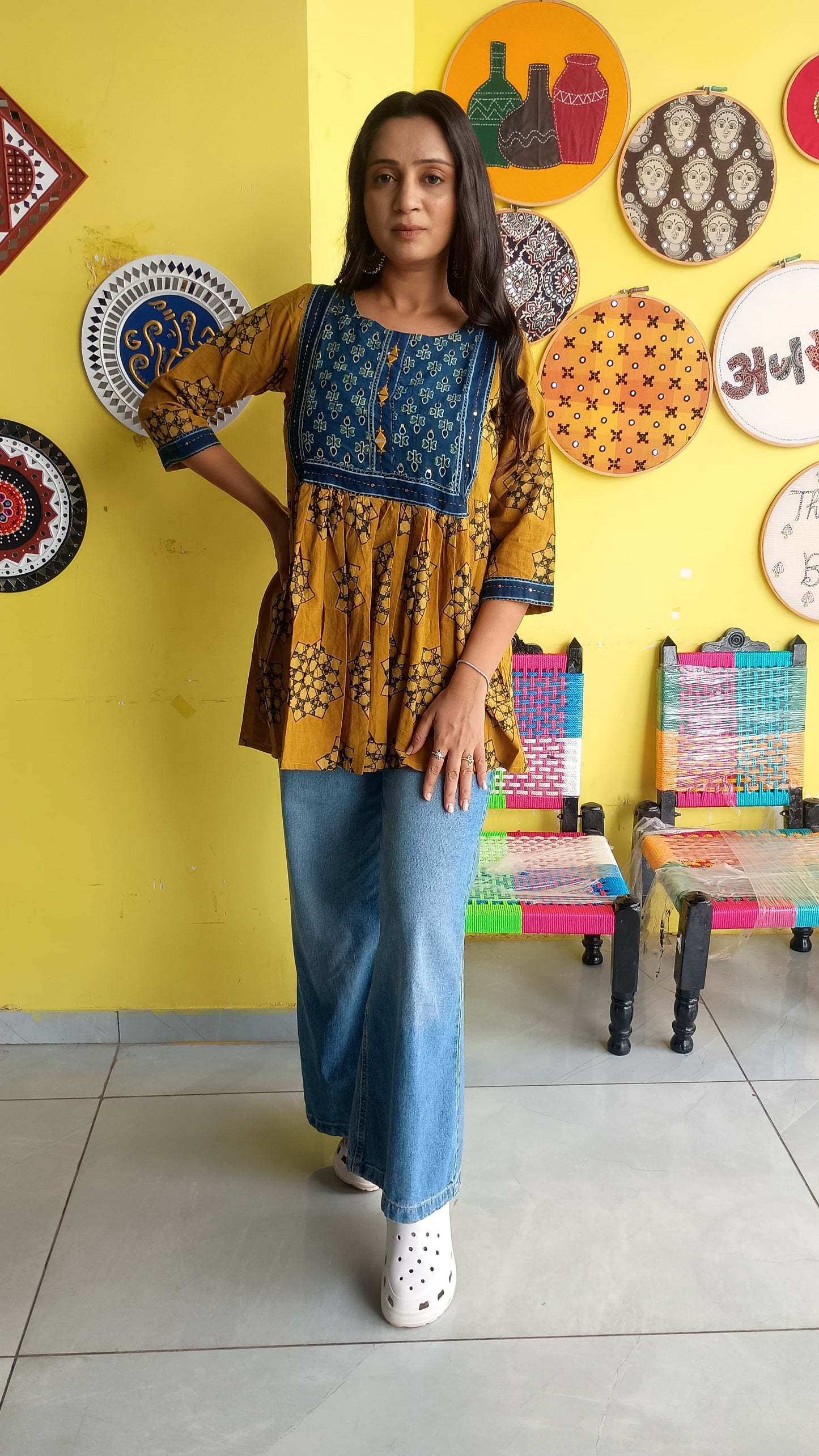 "Anshi" Natural mirror work peplum top