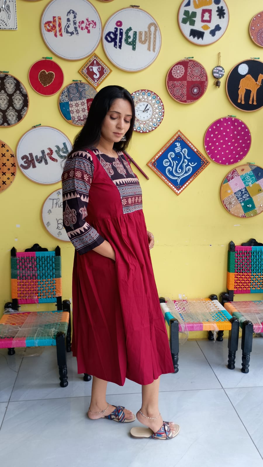 "Pratiti" Maroon Plain cotton natural patch frock style kurti