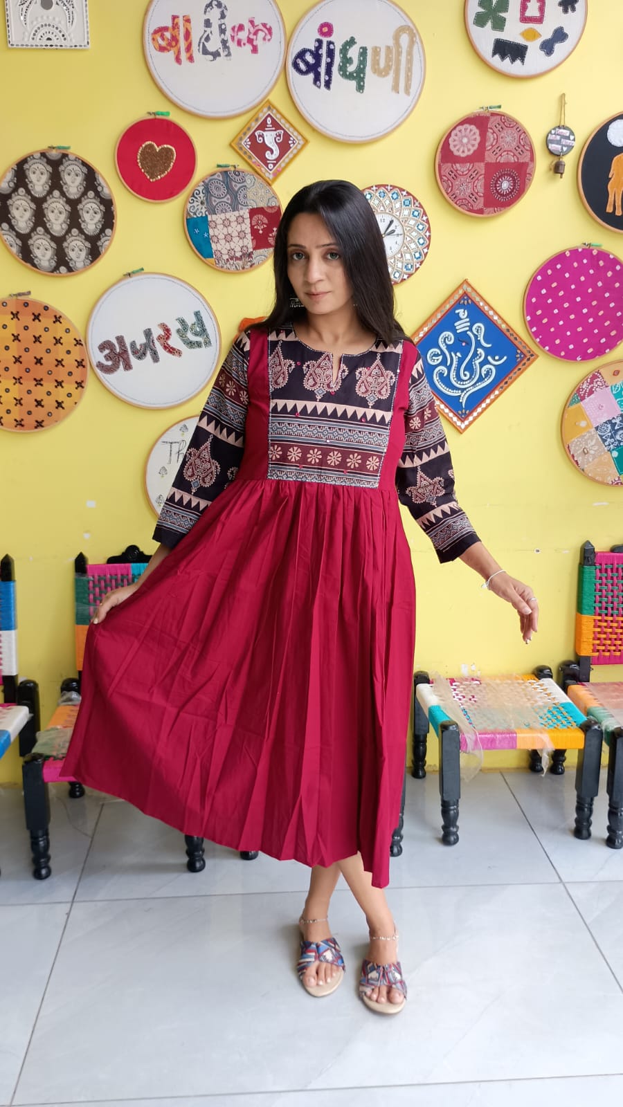 "Pratiti" Maroon Plain cotton natural patch frock style kurti