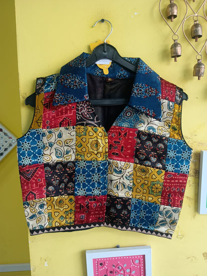 "Shirin* Multi patch work mashroo silk sleeveless jacket style blouse