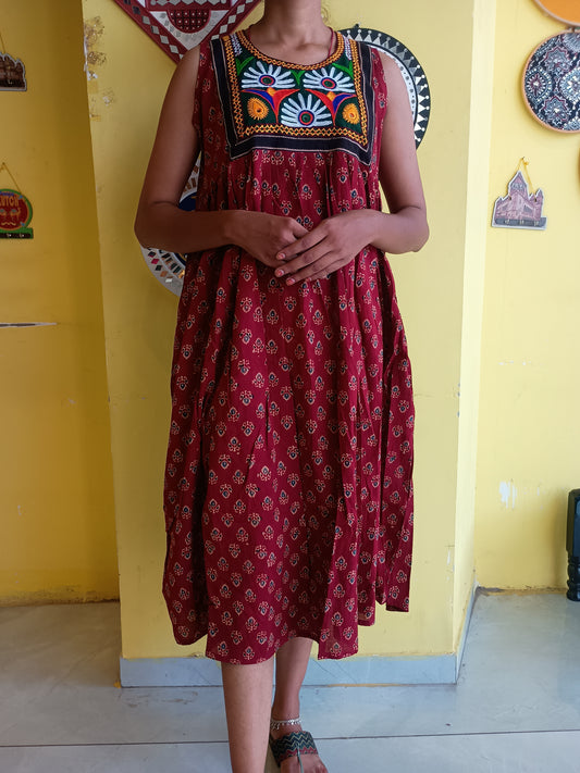 *Arushi* natural handblock cotton frock style kurti with hand work patch