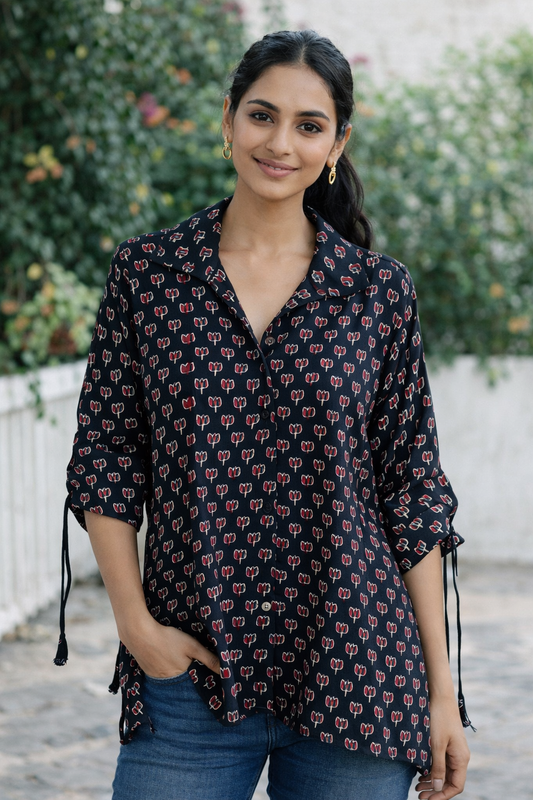 *Kamya*Black Pure modal ajrakh print shirt