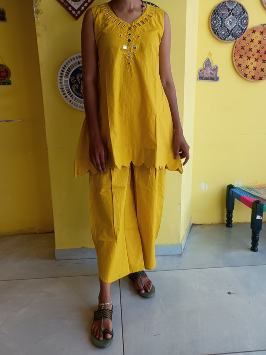 "Kareena"Mustard Plain Cotton mirror work co-ord set