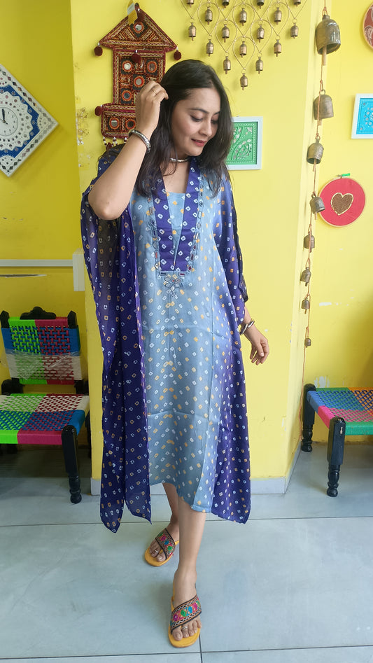 "Noor" Pink Modal Bandhani with sibori print Kaftan