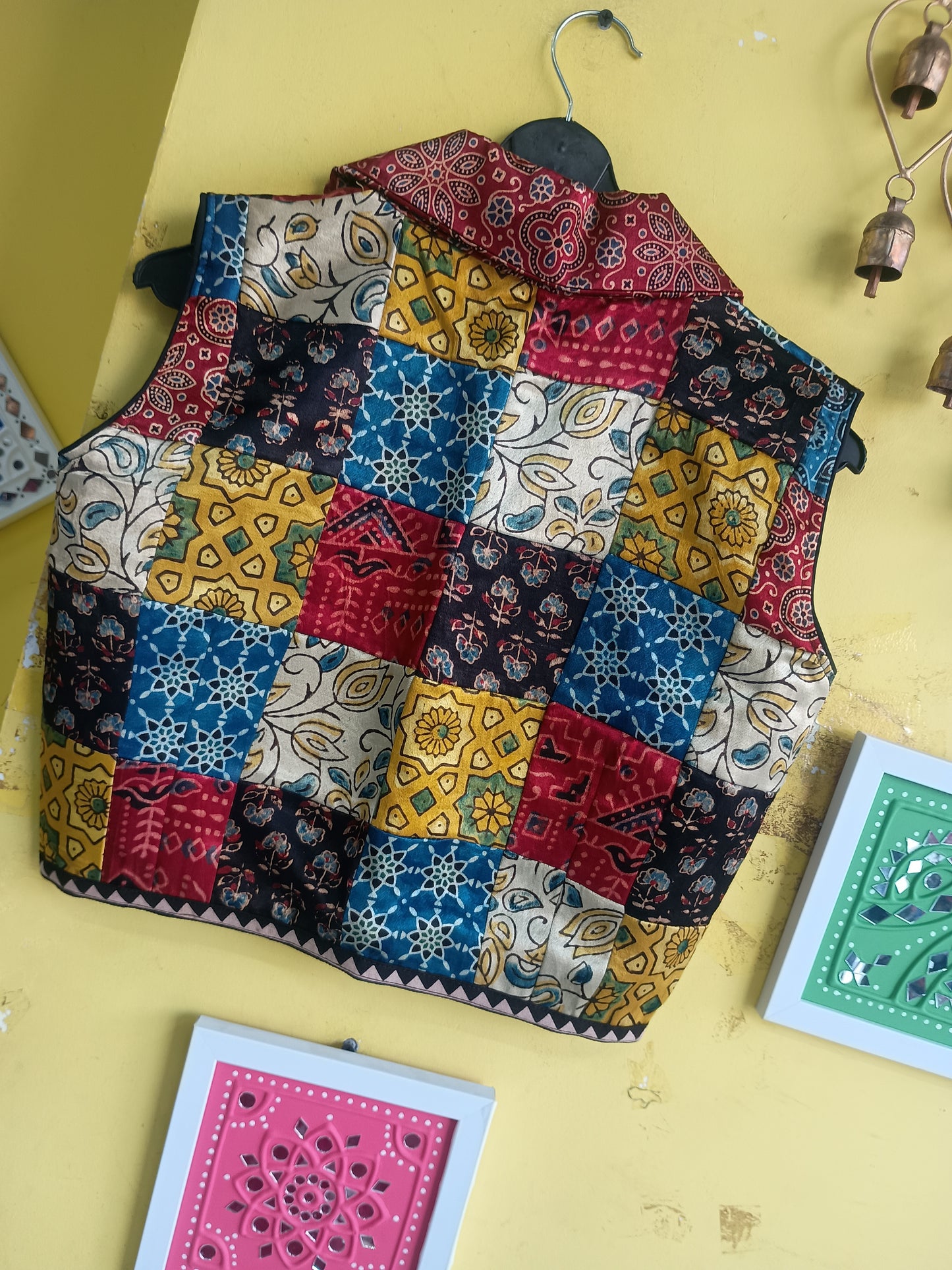 "Shirin* Multi patch work mashroo silk sleeveless jacket style blouse