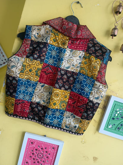 "Shirin* Multi patch work mashroo silk sleeveless jacket style blouse