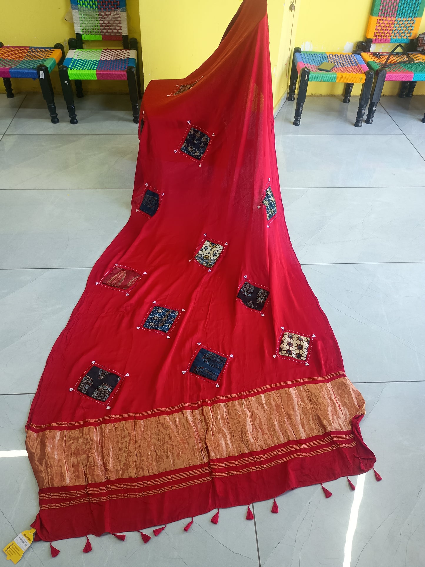 *Reya*Red Plain modal patch work tc pallu saree
