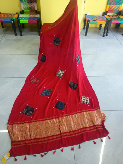 *Reya*Red Plain modal patch work tc pallu saree