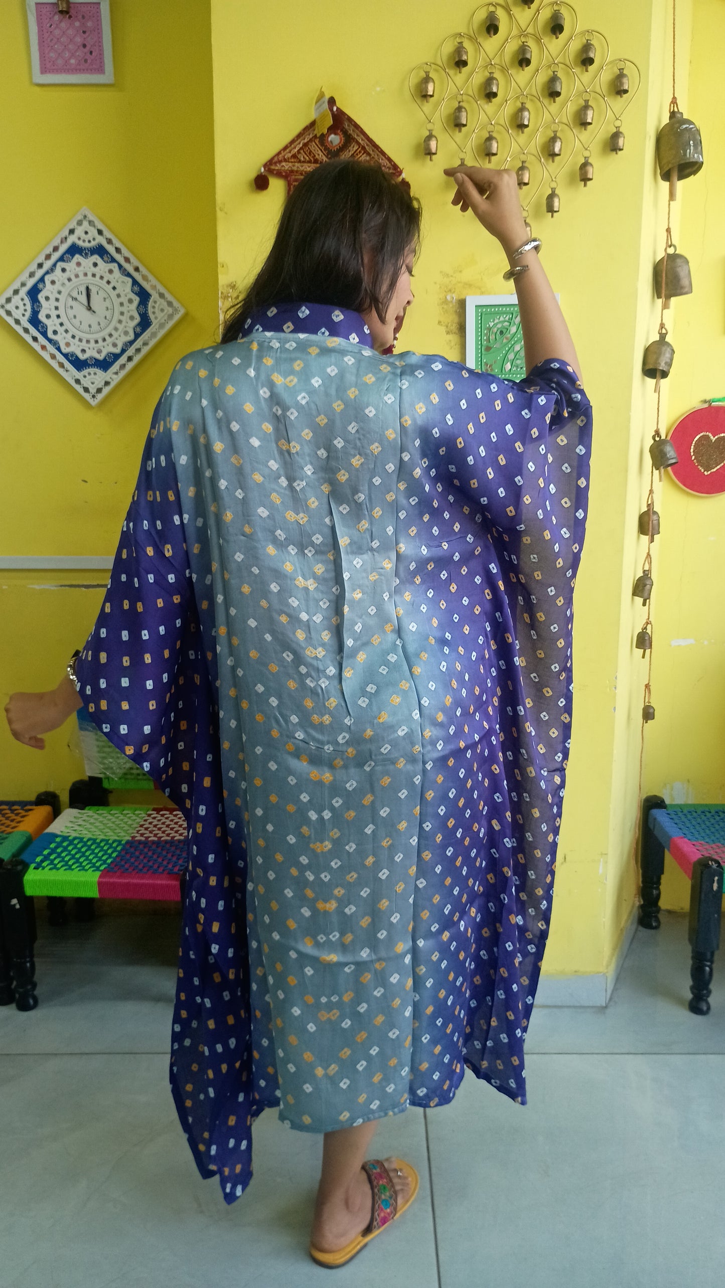 "Noor" Pink Modal Bandhani with sibori print Kaftan