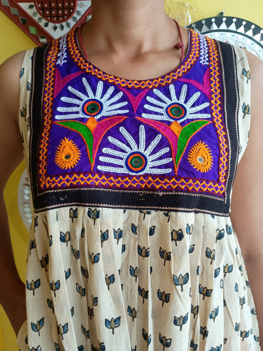 *Arushi* natural handblock cotton frock style kurti with hand work patch