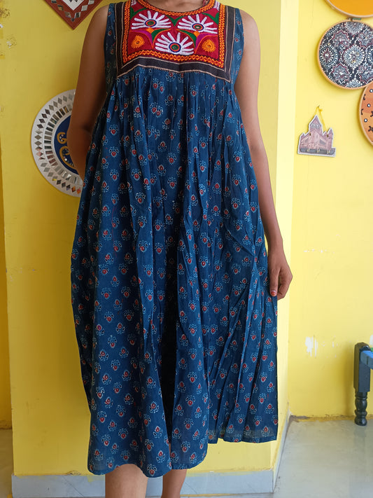 *Arushi* natural handblock cotton frock style kurti with hand work patch
