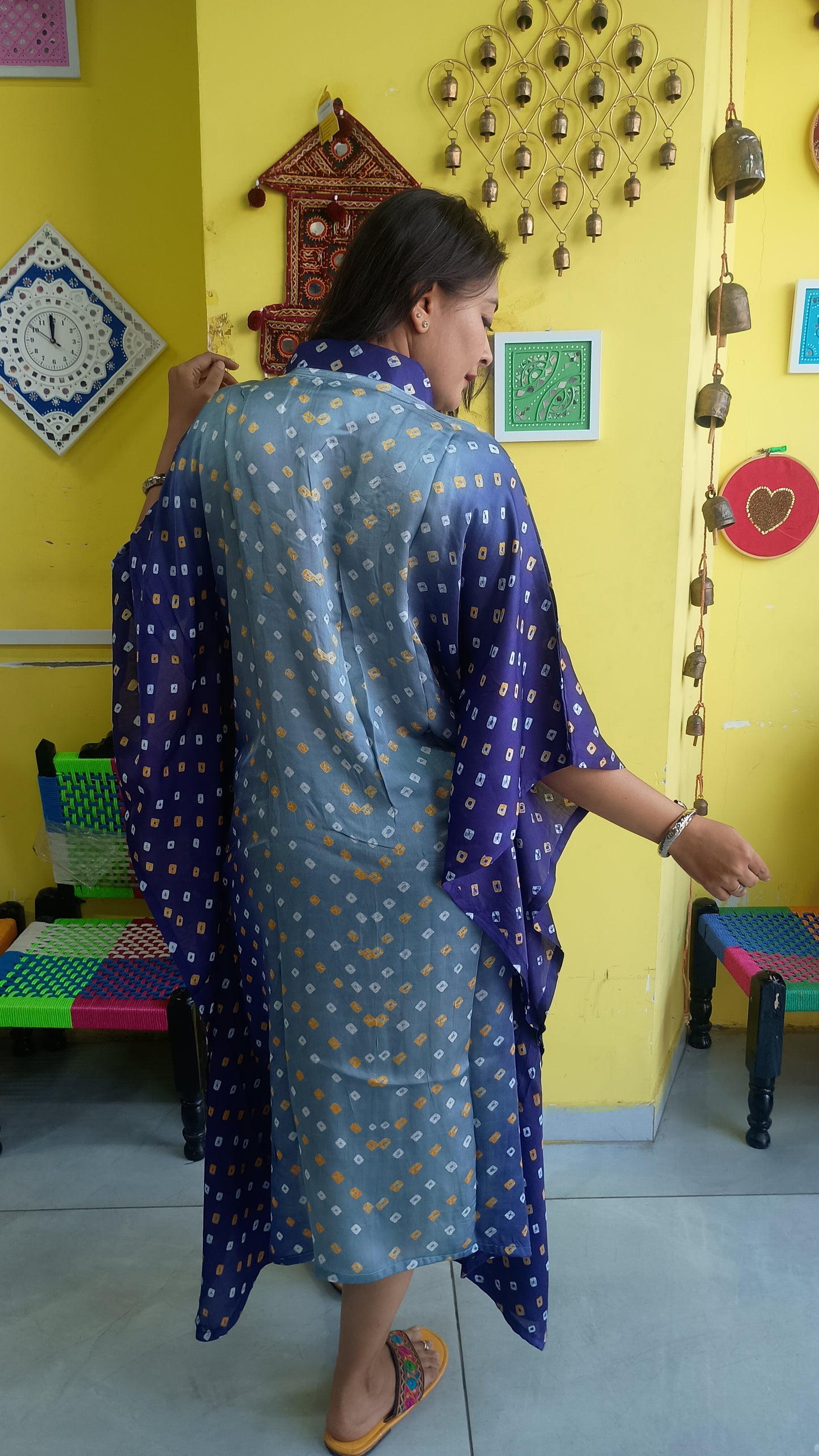 "Noor" Pink Modal Bandhani with sibori print Kaftan