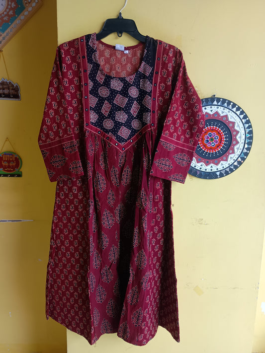 "Veena" Ajrakh handblock cotton long frock style kurti